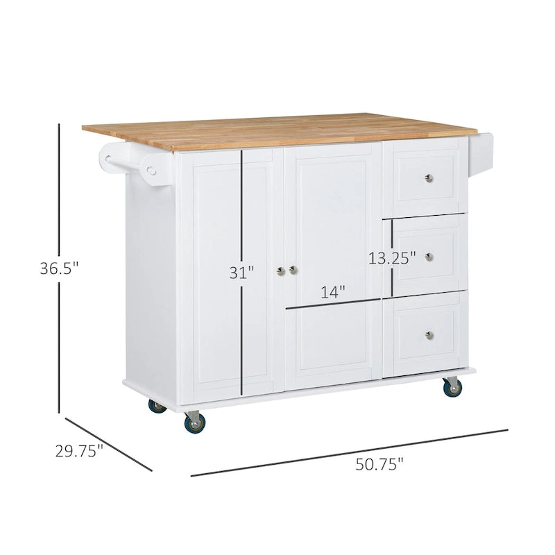 Îlot de cuisine mobile avec rangement — Porte-torchons et porte-épices, 3 tiroirs, roulettes verrouillables