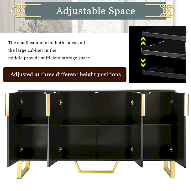 Buffet de cuisine moderne – 4 portes, étagères réglables, pieds dorés