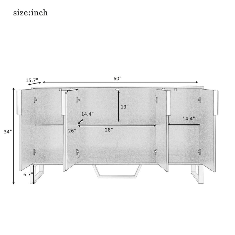 Buffet de cuisine moderne – 4 portes, étagères réglables, pieds dorés