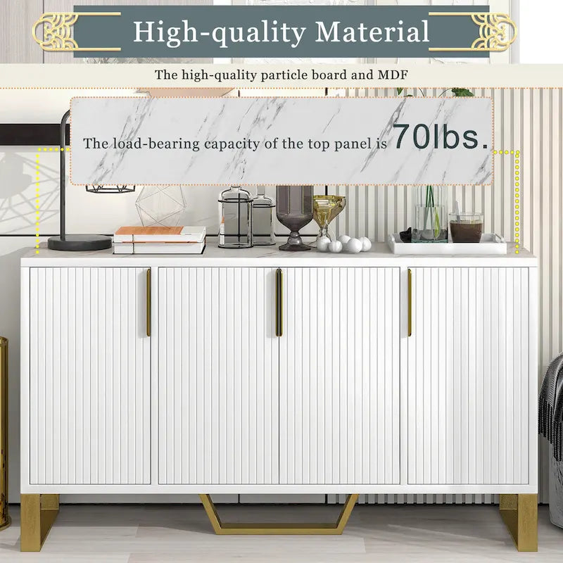 Buffet de cuisine moderne – 4 portes, étagères réglables, pieds dorés