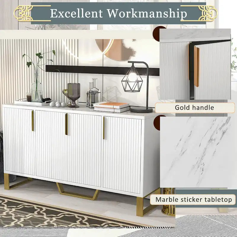 Buffet de cuisine moderne – 4 portes, étagères réglables, pieds dorés