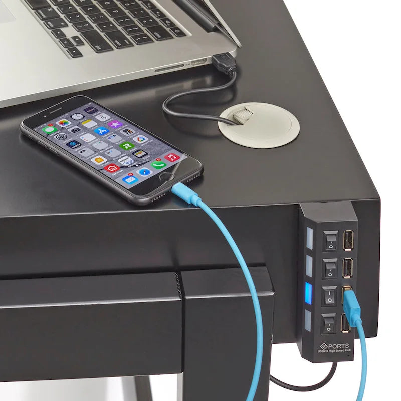 Bureau technologique intégré avec 4 ports USB et tiroir — Piétement en pin en A, 124 cm L