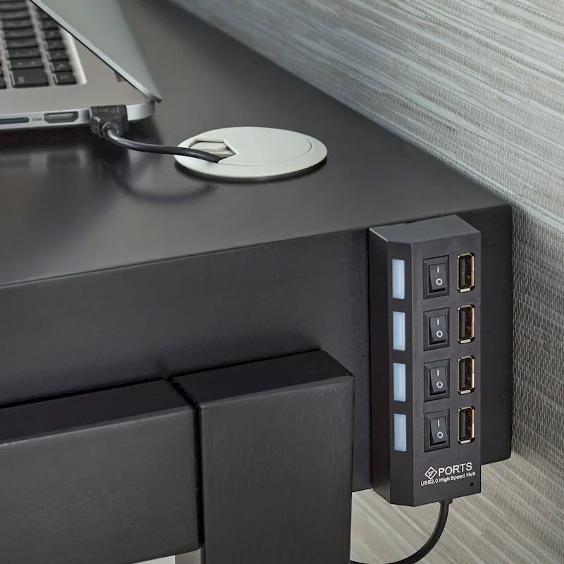 Bureau technologique intégré avec 4 ports USB et tiroir — Piétement en pin en A, 124 cm L