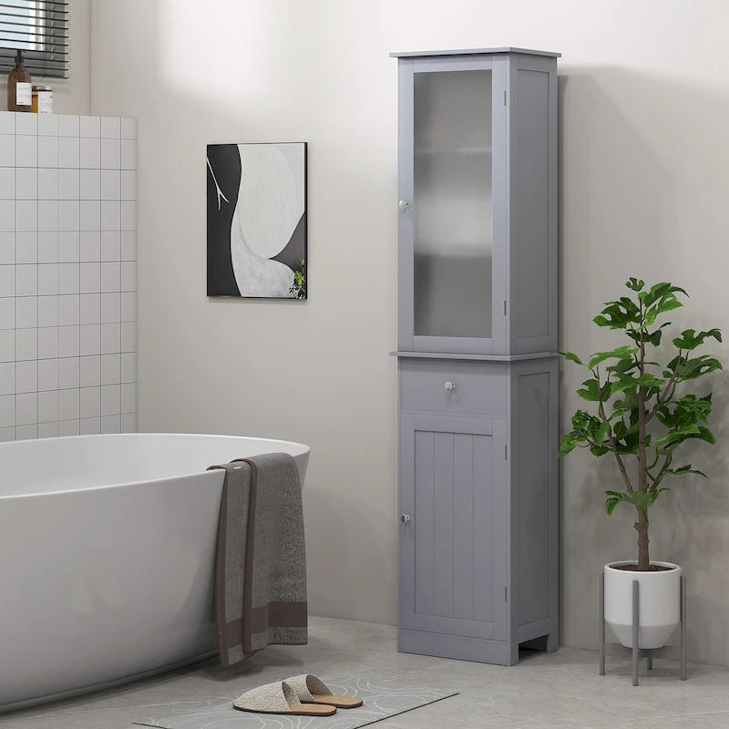 Meuble de Rangement Haut et Étroit pour Salle de Bain — Porte en Acrylique, Tiroir et Étagères, Gris