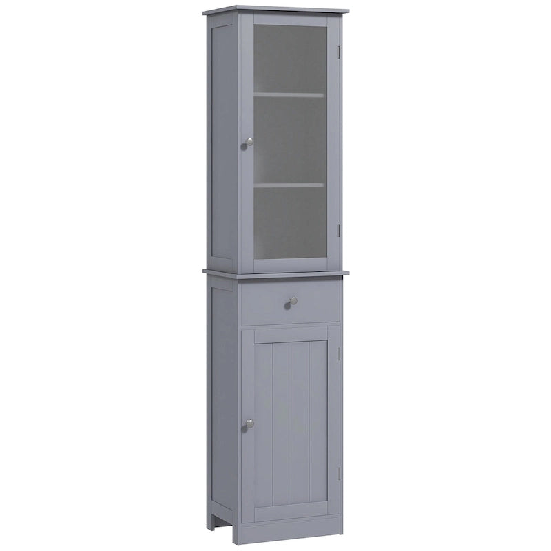 Meuble de Rangement Haut et Étroit pour Salle de Bain — Porte en Acrylique, Tiroir et Étagères, Gris