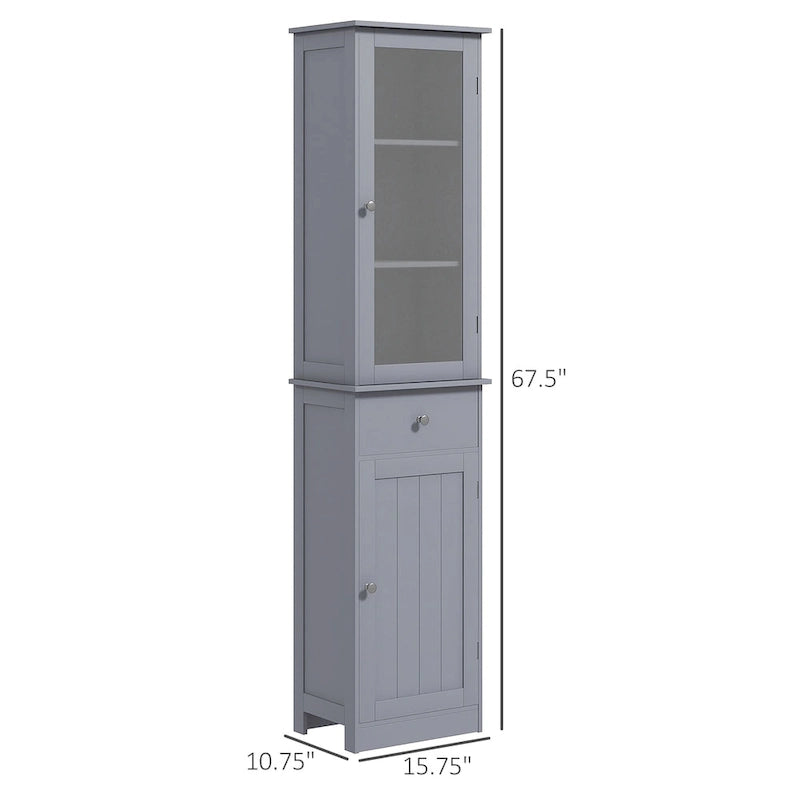Meuble de Rangement Haut et Étroit pour Salle de Bain — Porte en Acrylique, Tiroir et Étagères, Gris