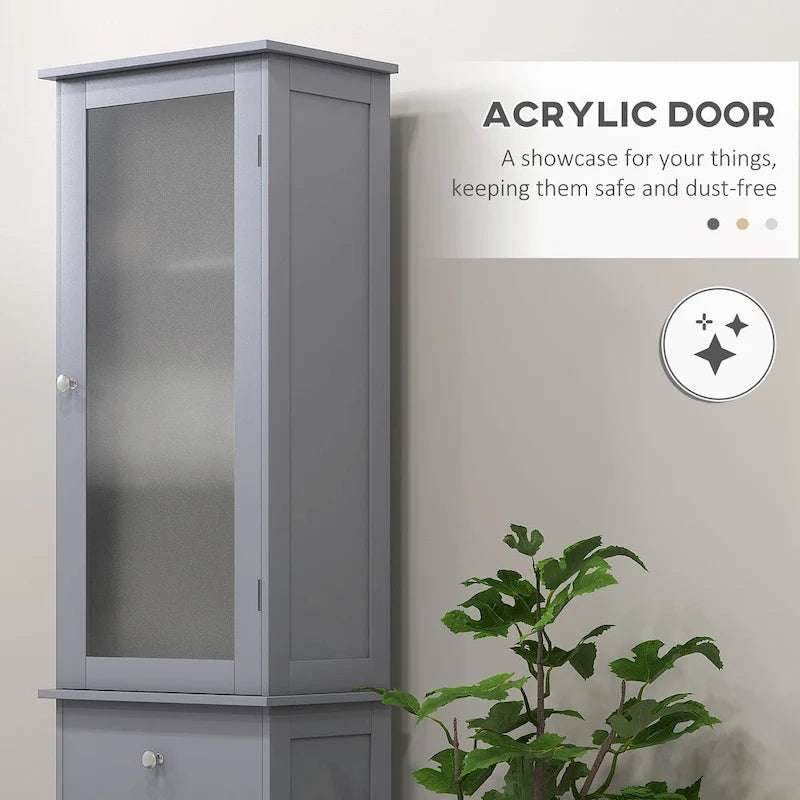 Meuble de Rangement Haut et Étroit pour Salle de Bain — Porte en Acrylique, Tiroir et Étagères, Gris