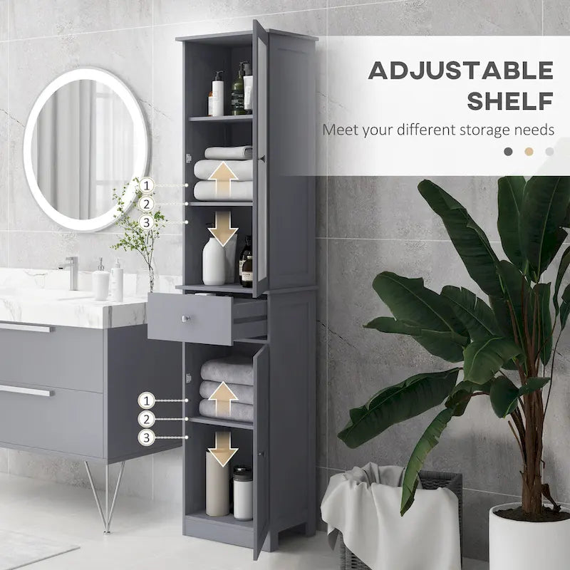 Meuble de Rangement Haut et Étroit pour Salle de Bain — Porte en Acrylique, Tiroir et Étagères, Gris