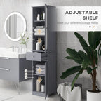 Meuble de Rangement Haut et Étroit pour Salle de Bain — Porte en Acrylique, Tiroir et Étagères, Gris