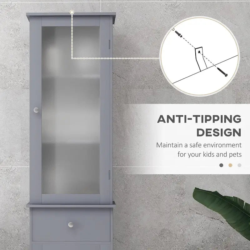 Meuble de Rangement Haut et Étroit pour Salle de Bain — Porte en Acrylique, Tiroir et Étagères, Gris