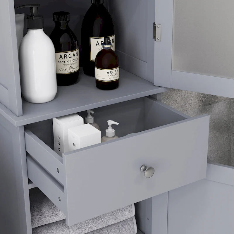 Meuble de Rangement Haut et Étroit pour Salle de Bain — Porte en Acrylique, Tiroir et Étagères, Gris