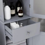 Meuble de Rangement Haut et Étroit pour Salle de Bain — Porte en Acrylique, Tiroir et Étagères, Gris