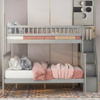 Lit superposé avec escalier de rangement, deux places en haut et grand lit en bas, gris