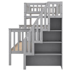 Lit superposé avec escalier de rangement, deux places en haut et grand lit en bas, gris