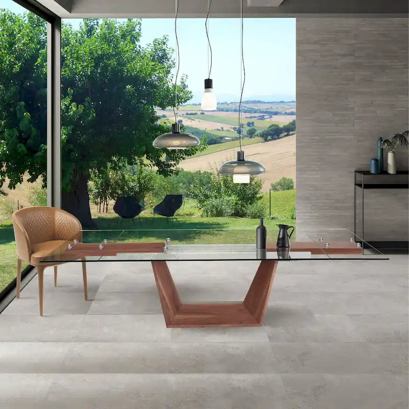 Table à manger extensible plateau verre — Piètement bois massif, 6 à 10 places, 180–269 cm l