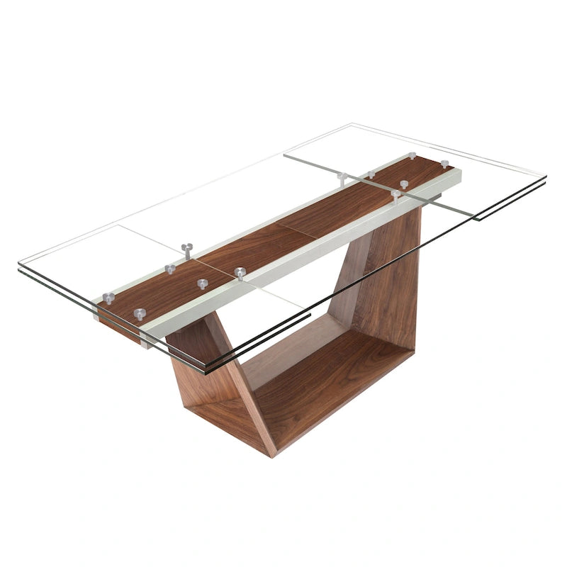 Table à manger extensible plateau verre — Piètement bois massif, 6 à 10 places, 180–269 cm l