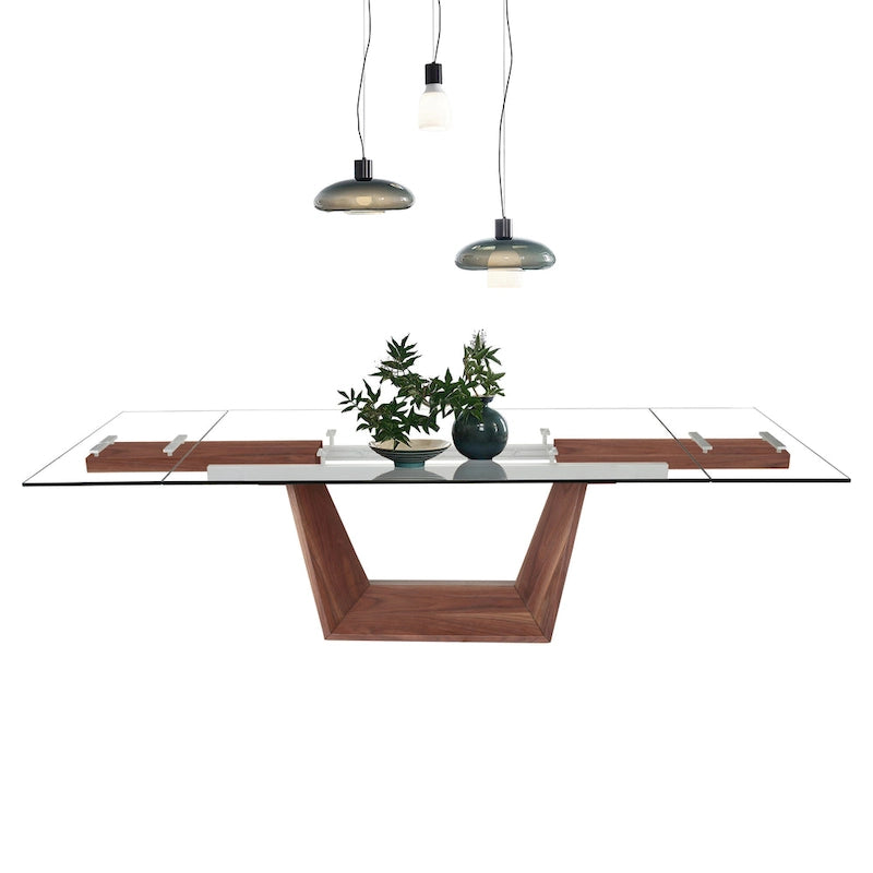 Table à manger extensible plateau verre — Piètement bois massif, 6 à 10 places, 180–269 cm l