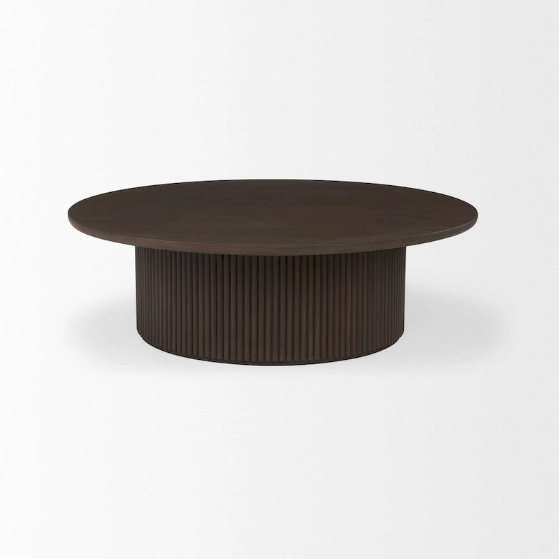 Table basse ronde cannelée marron foncé — Bois de manguier massif, Vérin hydraulique, 122 cm