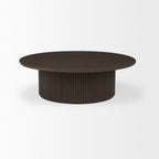 Table basse ronde cannelée marron foncé — Bois de manguier massif, Vérin hydraulique, 122 cm