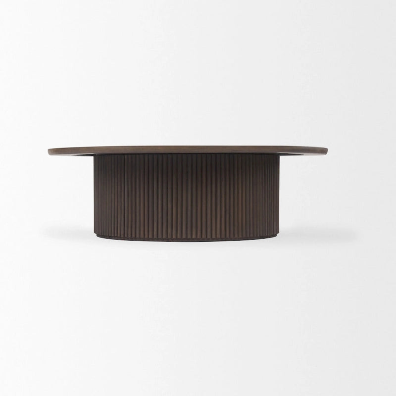 Table basse ronde cannelée marron foncé — Bois de manguier massif, Vérin hydraulique, 122 cm