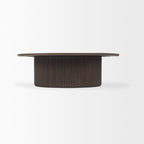 Table basse ronde cannelée marron foncé — Bois de manguier massif, Vérin hydraulique, 122 cm