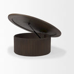 Table basse ronde cannelée marron foncé — Bois de manguier massif, Vérin hydraulique, 122 cm