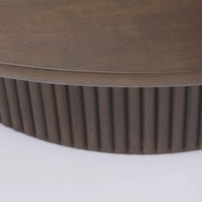 Table basse ronde cannelée marron foncé — Bois de manguier massif, Vérin hydraulique, 122 cm