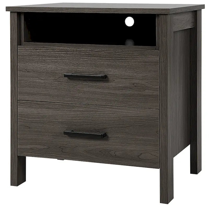 Table de chevet rustique avec 2 tiroirs et compartiment ouvert — Chêne/Noyer, 54,6 cm L