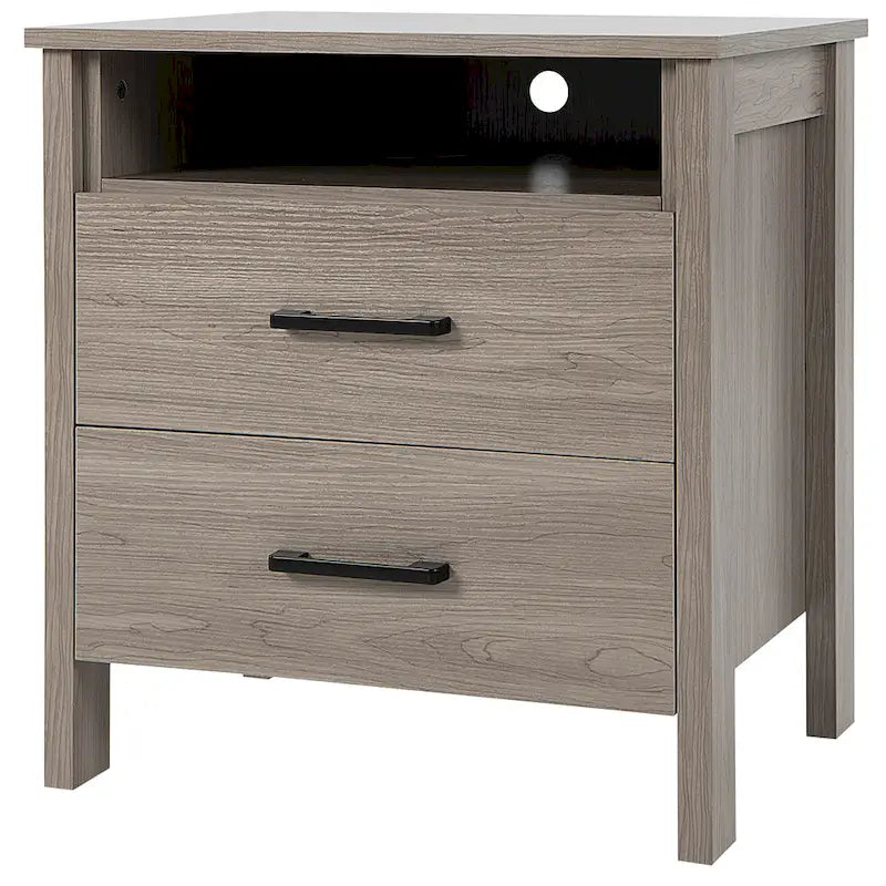 Table de chevet rustique avec 2 tiroirs et compartiment ouvert — Chêne/Noyer, 54,6 cm L