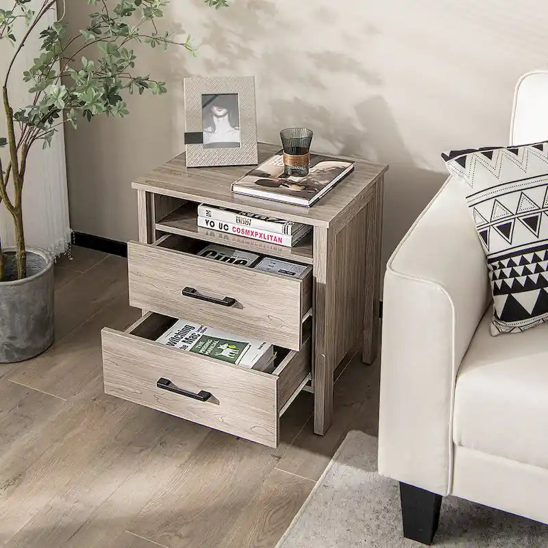 Table de chevet rustique avec 2 tiroirs et compartiment ouvert — Chêne/Noyer, 54,6 cm L