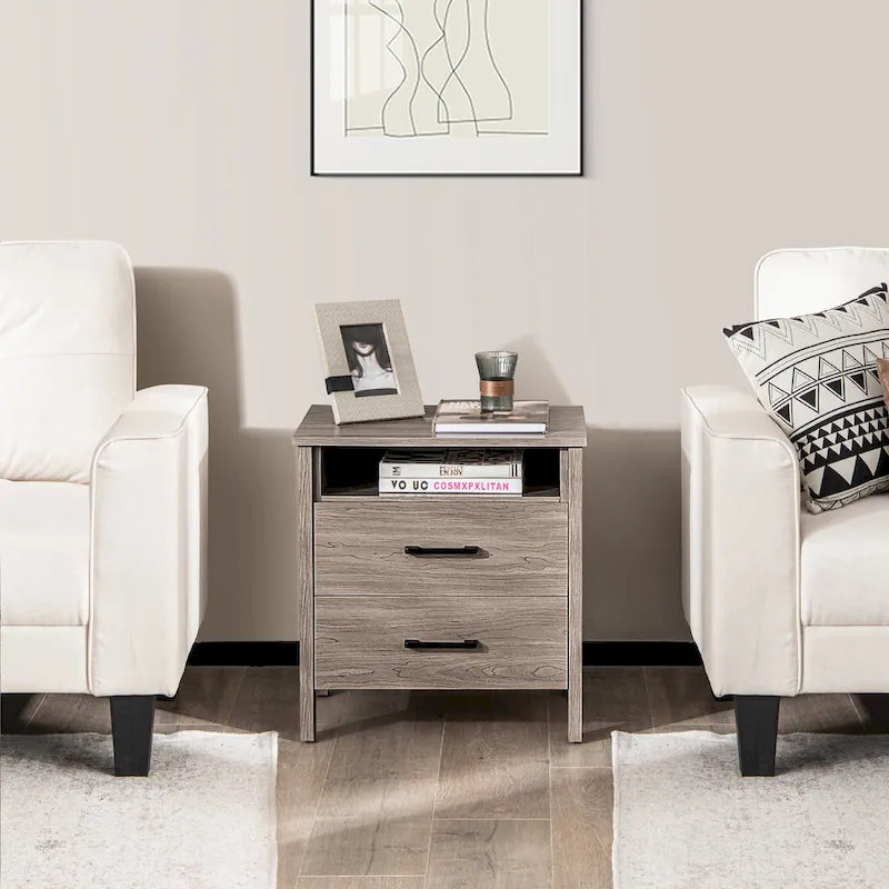 Table de chevet rustique avec 2 tiroirs et compartiment ouvert — Chêne/Noyer, 54,6 cm L