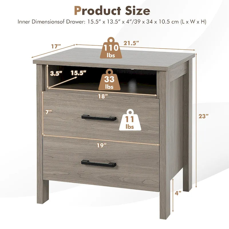 Table de chevet rustique avec 2 tiroirs et compartiment ouvert — Chêne/Noyer, 54,6 cm L