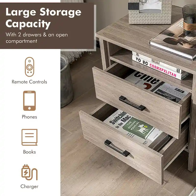 Table de chevet rustique avec 2 tiroirs et compartiment ouvert — Chêne/Noyer, 54,6 cm L