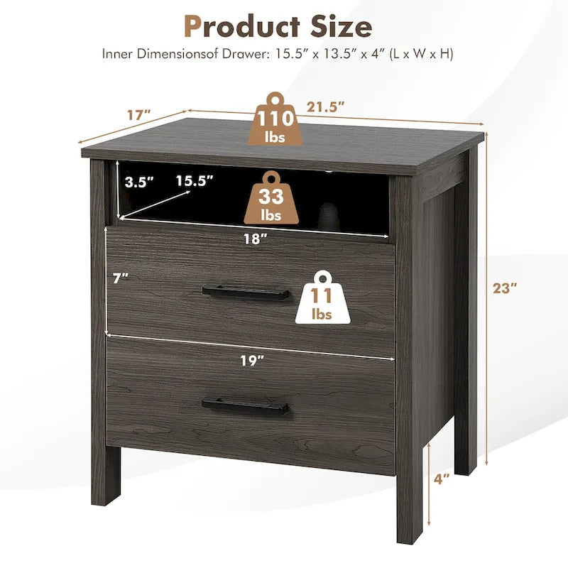 Table de chevet rustique avec 2 tiroirs et compartiment ouvert — Chêne/Noyer, 54,6 cm L