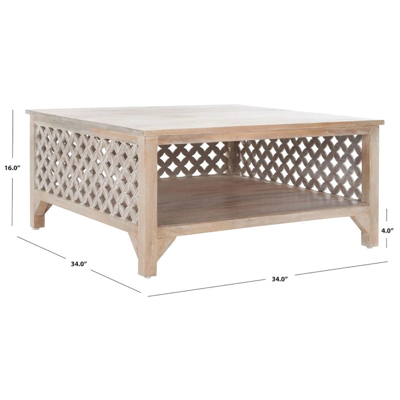 Table basse carrée à étagère unique avec sculptures ajourées — 86 cm