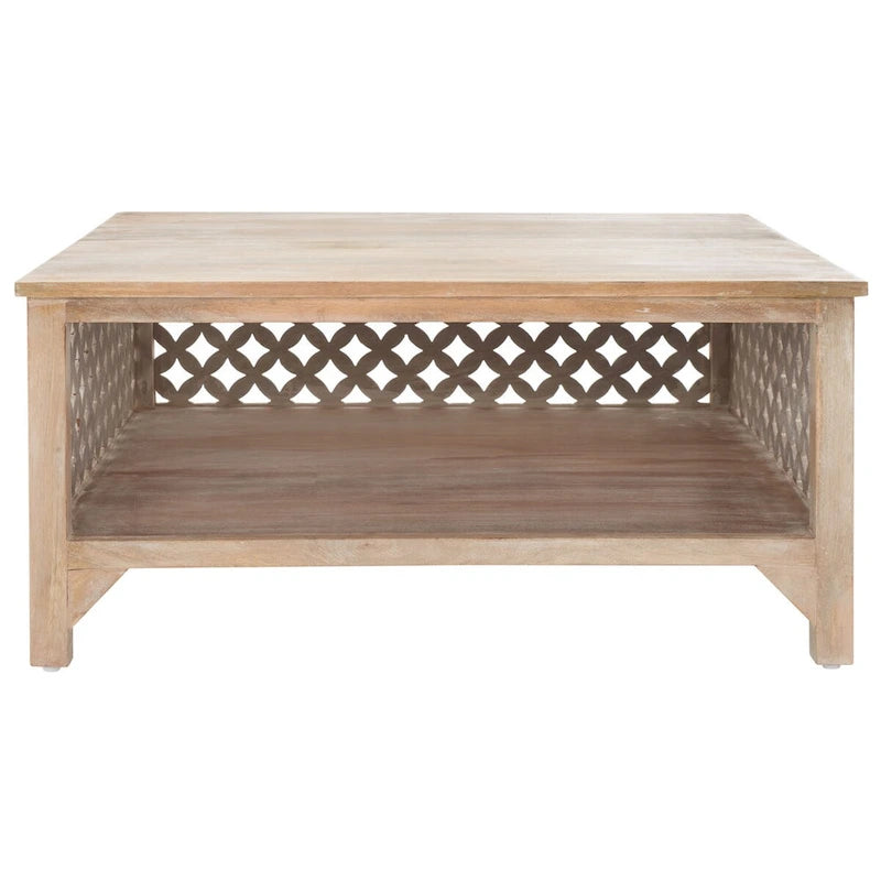 Table basse carrée à étagère unique avec sculptures ajourées — 86 cm