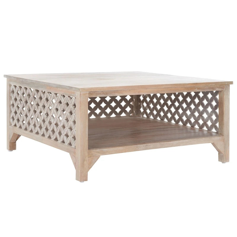 Table basse carrée à étagère unique avec sculptures ajourées — 86 cm