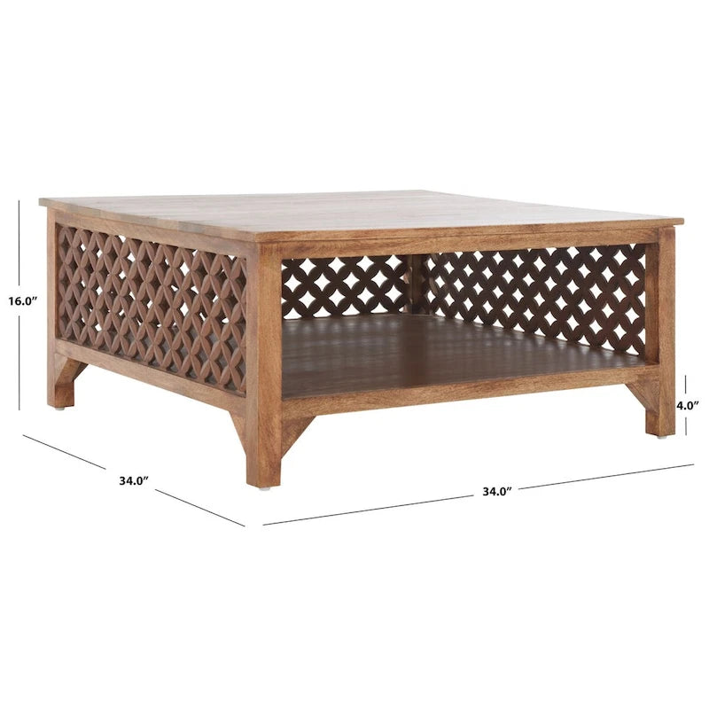 Table basse carrée à étagère unique avec sculptures ajourées — 86 cm