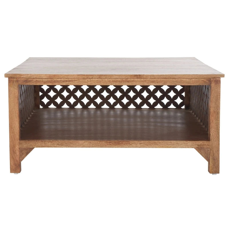 Table basse carrée à étagère unique avec sculptures ajourées — 86 cm