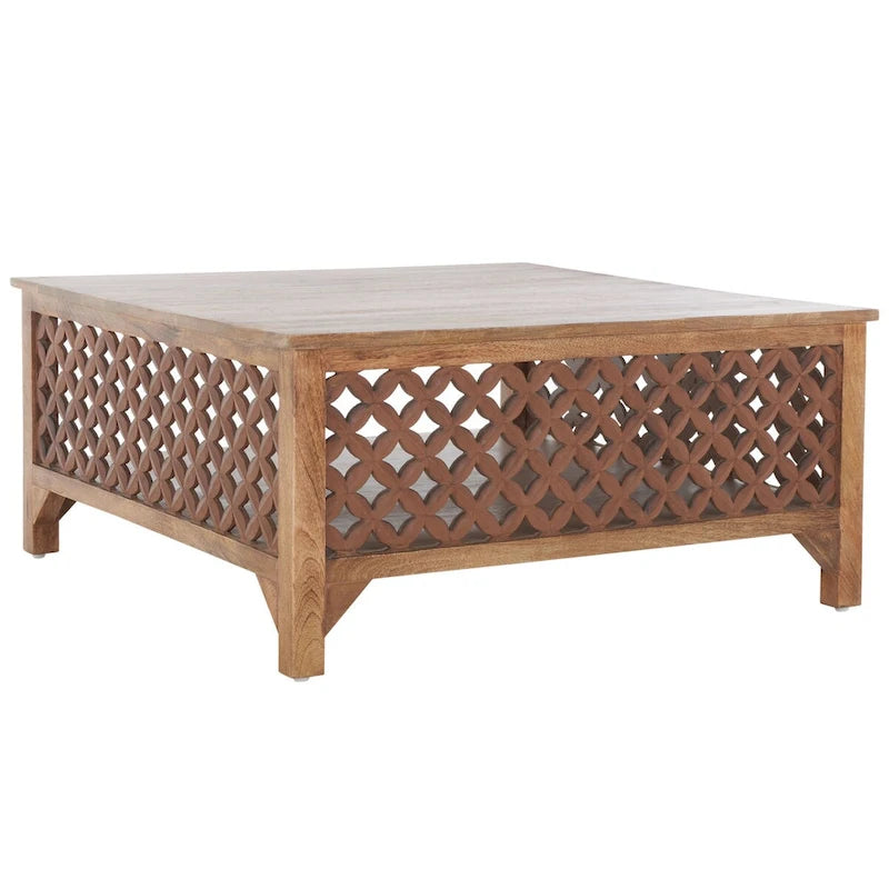 Table basse carrée à étagère unique avec sculptures ajourées — 86 cm