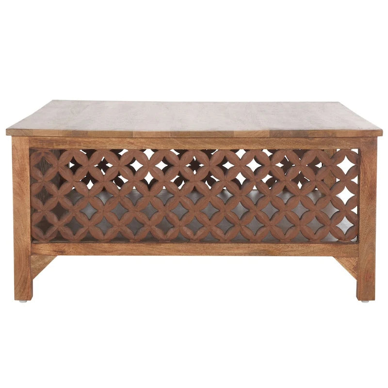 Table basse carrée à étagère unique avec sculptures ajourées — 86 cm