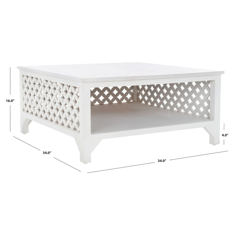 Table basse carrée à étagère unique avec sculptures ajourées — 86 cm
