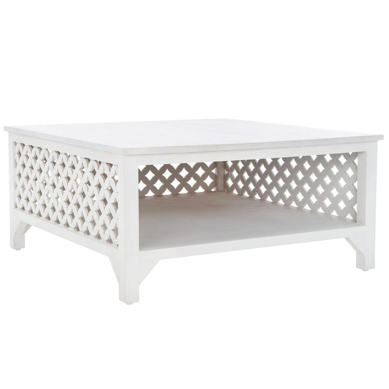 Table basse carrée à étagère unique avec sculptures ajourées — 86 cm