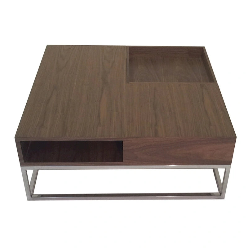 Table basse carrée de 89 cm — Plateau en bois amovible, rangement dissimulé, cadre chromé