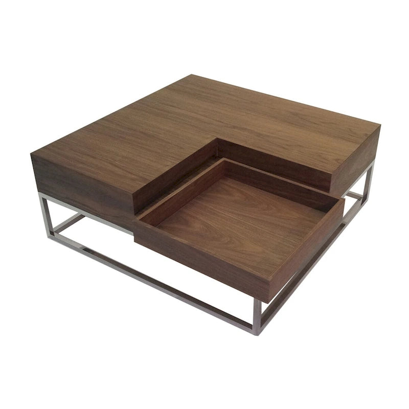 Table basse carrée de 89 cm — Plateau en bois amovible, rangement dissimulé, cadre chromé