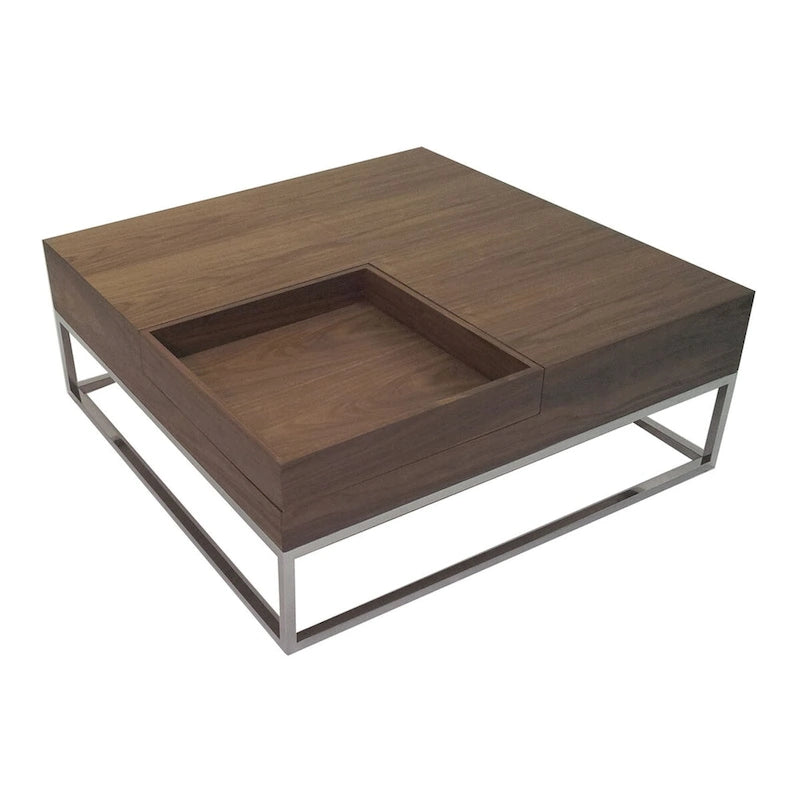 Table basse carrée de 89 cm — Plateau en bois amovible, rangement dissimulé, cadre chromé